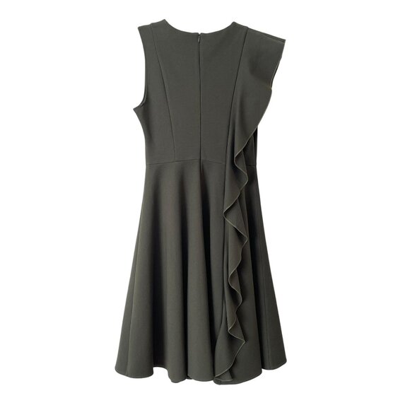 Few Moda Size S Side Ruffle Midi A-Line Flare Dress Green Olive Career - Picture 2 of 9